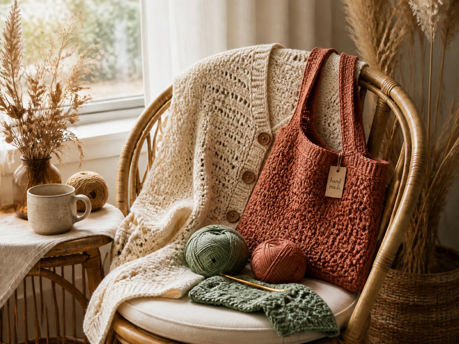 Cream crochet cardigan and terracotta crochet tote on a rattan chair with balls of yarn