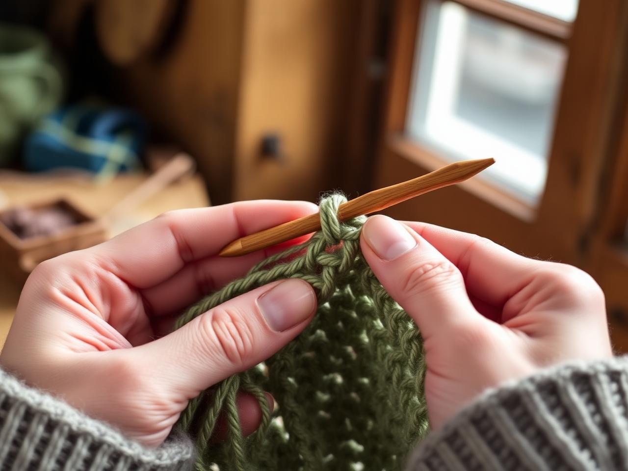 Hands crocheting with a wooden hook and sage green yarn